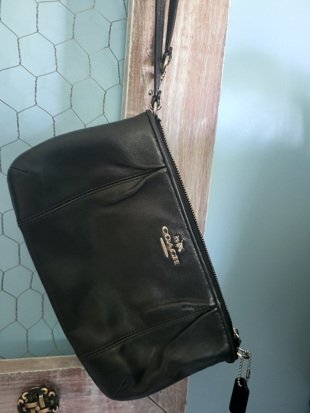 Coach Black Leather Wristlet Pouch with Gold Logo